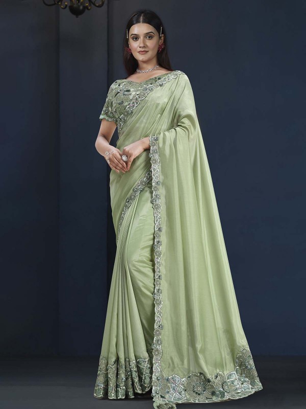 Pista Green Tussar Silk Party Wear Saree